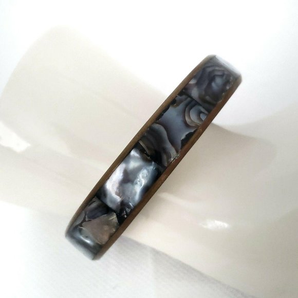 Copper Colored Metal Bangle Bracelet with Abalone Inset 8" Diameter 2 1/2" - Picture 5 of 9